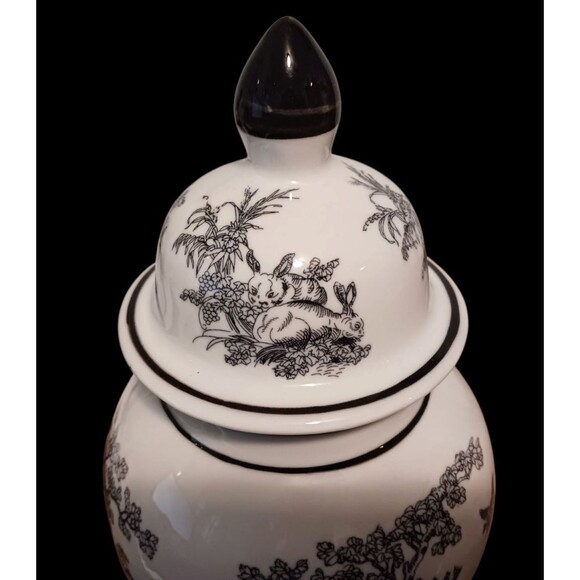 VTG Chinese Dechang Taoci Porcelain Vase & Lid White Black Roosters Trees Birds - Picture 3 of 6